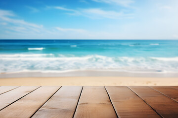 Fototapeta premium Empty wooden table light brown wood texture Blurred background, sea view and beach