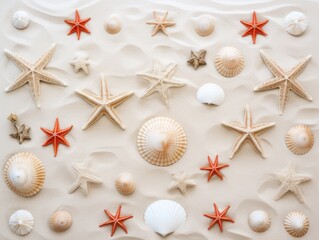 Seashells and starfish on the sand. Background.