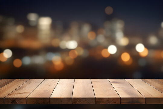 Empty wooden table light brown wood texture Blurred background, night city, bokeh, surreal lights