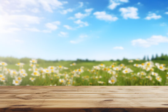 Empty wooden table light brown wood texture Blurred background, natural view Flower garden and blurred mountains