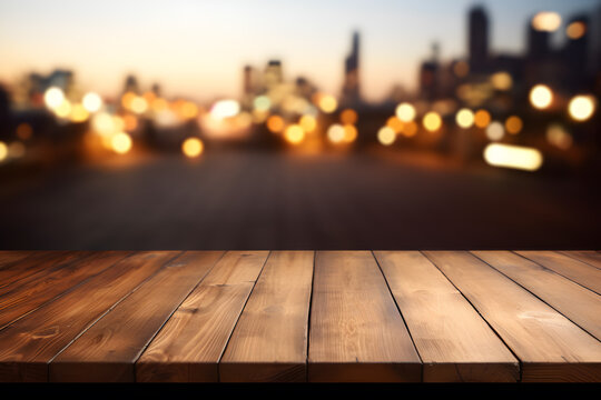 Empty wooden table light brown wood texture Blurred background, night city, bokeh, surreal lights