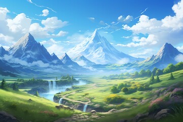 Fantasy landscape with mountains, hills, lake, meadow and sun. Anime style illustration