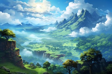 Fantasy landscape with mountains, hills, lake, meadow and sun. Anime style illustration - obrazy, fototapety, plakaty