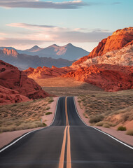 Empty winding road in red pink rock canyon with a scenic view of the topography and landscape in the desert