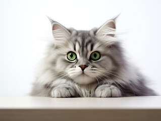 Funny large gray longhair kitten with big beautiful green eyes lies on a white table. Cute soft cat licks its lips. Free space for text. 