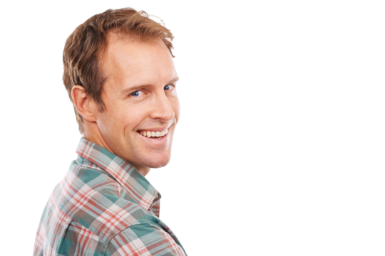 Mockup, happy and man in business with space, confidence or happiness and information on isolated, transparent or png background. Smile on face, businessman and banner for promotion or presentation - Powered by Adobe