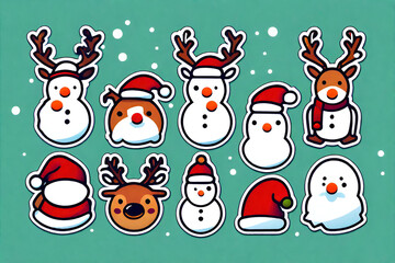 snowman, rudolphdeer ,santa -gift-snow--sticker-2d-cute-fantasy-dreamy-vector, Generative Ai