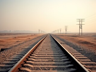 Perspective from the rails of the railway. Warm weather. Sandy landscape. Power lines on the side of the road.