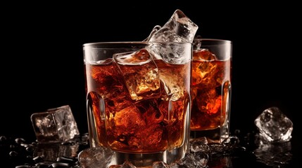 Cold cola drink in glass with ice cubes black background. AI generated image