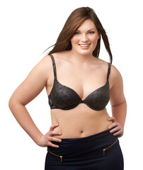 Obraz premium Portrait of woman, plus size and happy with a bra, underwear or lingerie on transparent, isolated or png background. Body positivity, natural beauty and girl with healthy curves and confidence