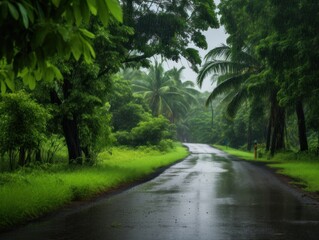 Fototapeta premium Atmosphere of the Indian monsoon season, with raindrops, lush greenery, and cloudy skies