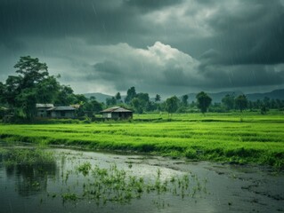Fototapeta na wymiar Atmosphere of the Indian monsoon season, with raindrops, lush greenery, and cloudy skies. Countryside.