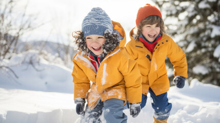 A group of children from different winter backgrounds wearing colorful clothes play together in the open air