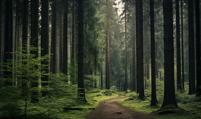 a detailed photo showing photo beautiful shot of a forest with tall green trees