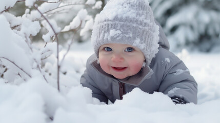 Fototapeta na wymiar Toddler boy playing in the snow