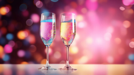 A two glass of sparkling wine on a colorful confetti on blur festive background