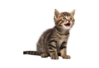 Cute tabby kitten sitting and licking lips up on white background isolated