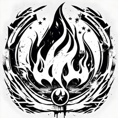 A vector style illustration of a grunge flames logo in black and white