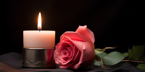 Fototapeta na wymiar a candle and a rose on a black background, advertising banner, web banner, Place for your text, copy space, empty space, Generative AI