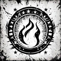 A vector style illustration of a grunge flames logo in black and white