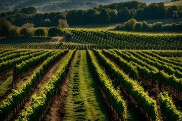 A distant winery and rows of grapevines in a vineyard. - obrazy, fototapety, plakaty