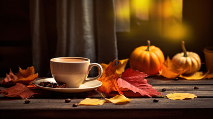 A cup of coffee on a wooden table with fall leaves.