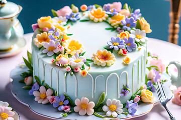 There is a flower decoration cake on the anniversary. The cake decorated with flowers looks beautiful and elegant. Generative AI.