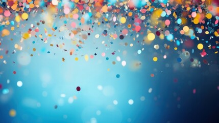 A festive and colorful party with flying neon confetti on a blue background