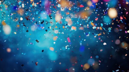 A festive and colorful party with flying neon confetti on a blue background - obrazy, fototapety, plakaty