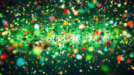 A festive and colorful party with flying neon confetti on a green background