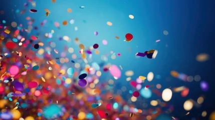 Gardinen A festive and colorful party with flying neon confetti on a blue background © tashechka