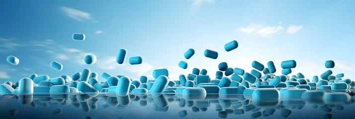 Poster Assorted pharmaceutical medicine pills, tablets, and capsules over blue background, advertising banner, web banner, Place for your text, copy space, empty space, Generative AI © mizan