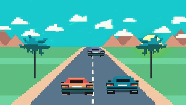 2D retro video game racing. Nostalgia Retro Vibe. Imitation of an old video game animation. Seamless loop.