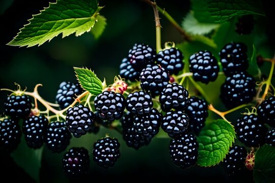 A close-up of a vine-borne cluster of blackberries.
