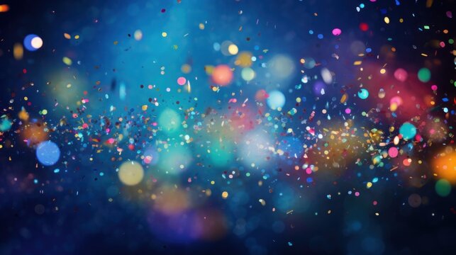 A festive and colorful party with flying neon confetti on a blue background