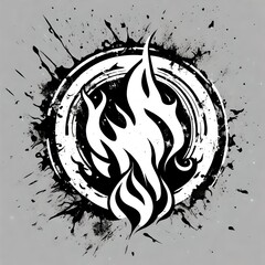 A vector style illustration of a grunge flames logo in black and white