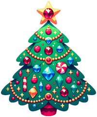 Cute cartoon colorful decorated Christmas tree - isolated watercolor clipart