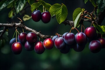 A bunch of luscious plums perched on a tree limb.