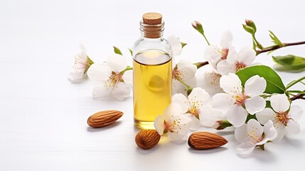 Almond oil with flower blossoms. Generative Ai.