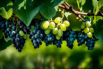 In a vineyard, a cluster of green grapes hanging from a vine. - obrazy, fototapety, plakaty