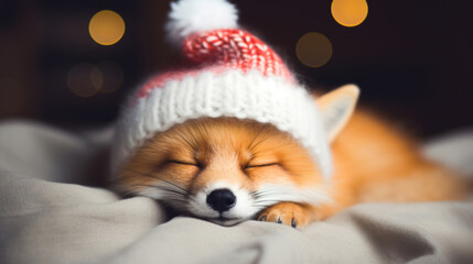 Cute little fox sleeping in a knitted santa hat