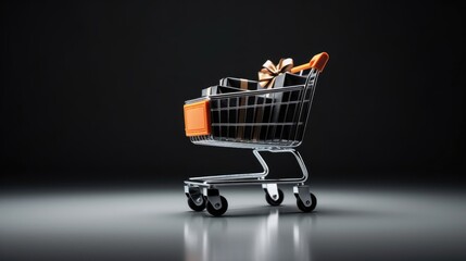 Shopping cart with black gift box on black background. Black Friday concept