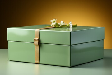 Pastel green cardboard box with a pastel gray zipper, showcasing modern and reusable packaging, Generative AI.