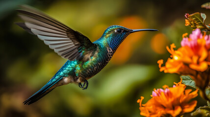 Obraz premium Close Up Of Blue Flying Hummingbird Flapping Its Wings And Drinking Nectar From Beautiful Flowers - Generative AI
