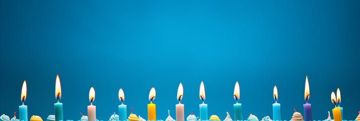 Fototapeta premium Close-up of candles against dark blue background, advertising banner, web banner, Place for your text, copy space, empty space, Generative AI