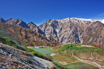白馬連峰と八方池の美しい三段紅葉