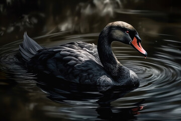 Beautiful Black Swan Illuminated By The Sun Is Swimming On The River - Generative AI