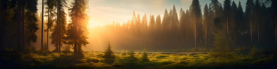 Naklejka premium sunlight behind spruce forest background
