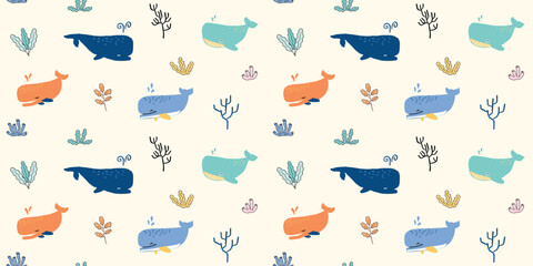 Seamless Pattern with Cartoon Whale and Coral Design on Light Yellow Background