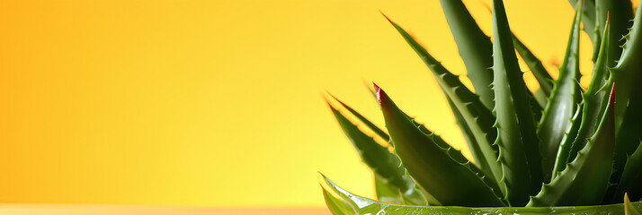 Fototapeta na wymiar Fresh green aloe vera leaves on a yellow background, advertising banner, web banner, Place for your text, copy space, empty space, Generative AI